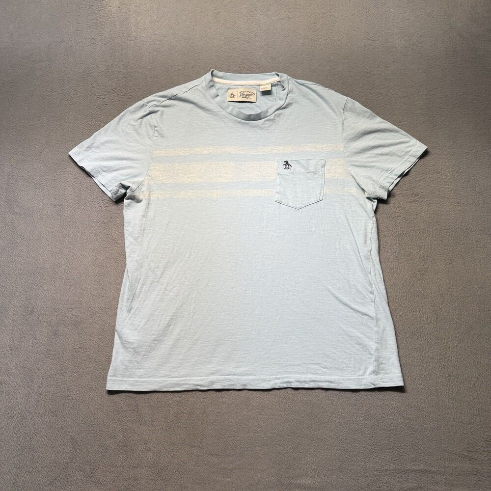 Original Penguin Mens Large Blue White Striped Pocket T Shirt Short Sleeve
